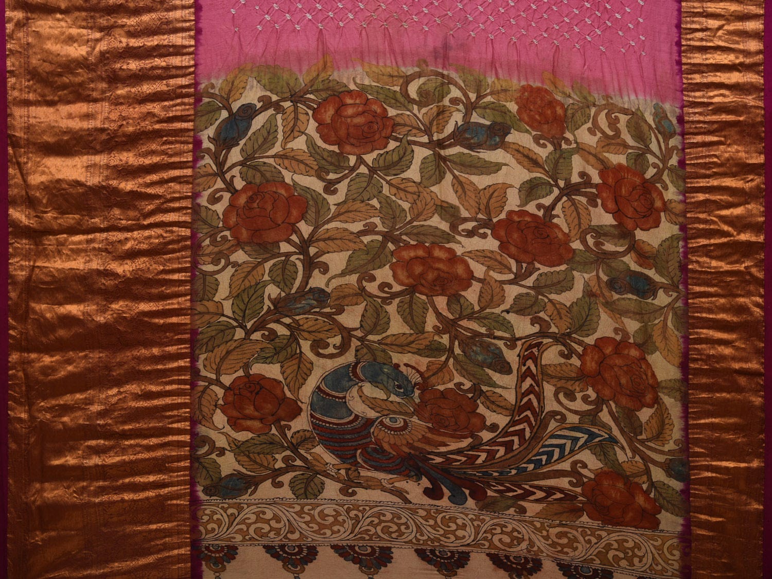 Pink Bandhani Kanchipuram Silk Handloom Saree with Kalamkari Hand Painted Pallu and Blouse Design bn0439