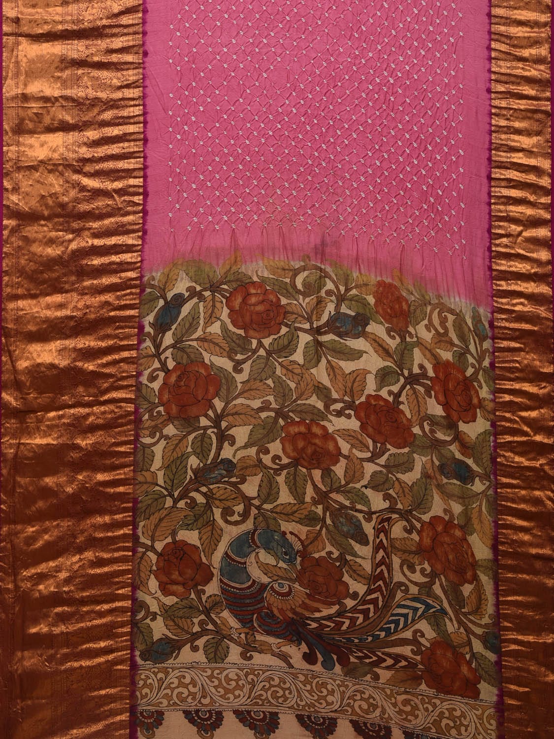Pink Bandhani Kanchipuram Silk Handloom Saree with Kalamkari Hand Painted Pallu and Blouse Design bn0439