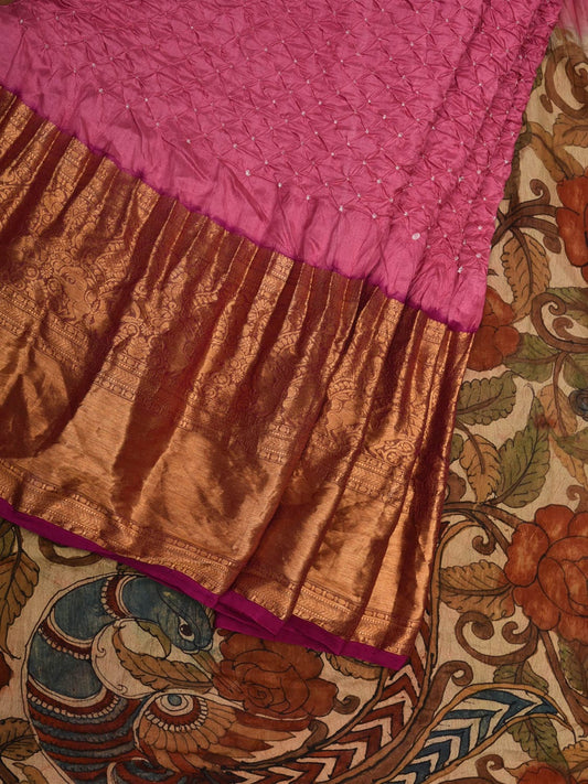 Pink Bandhani Kanchipuram Silk Handloom Saree with Kalamkari Hand Painted Pallu and Blouse Design bn0439