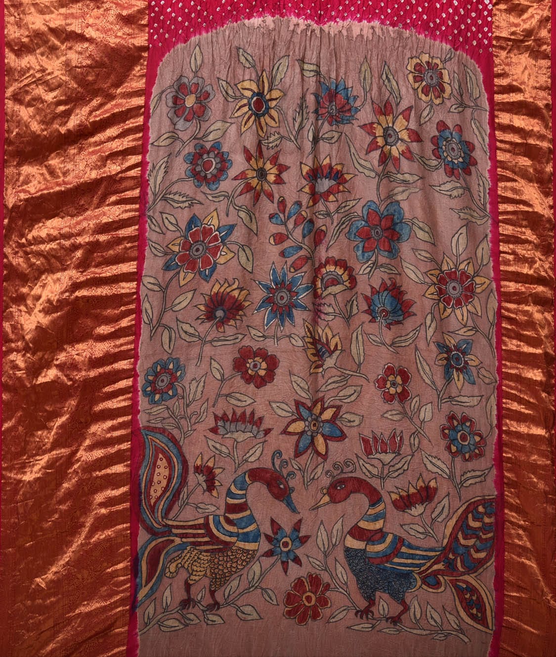 Pink Bandhani Kanchipuram Silk Handloom Saree with Kalamkari Pallu and Blouse Design bn0466