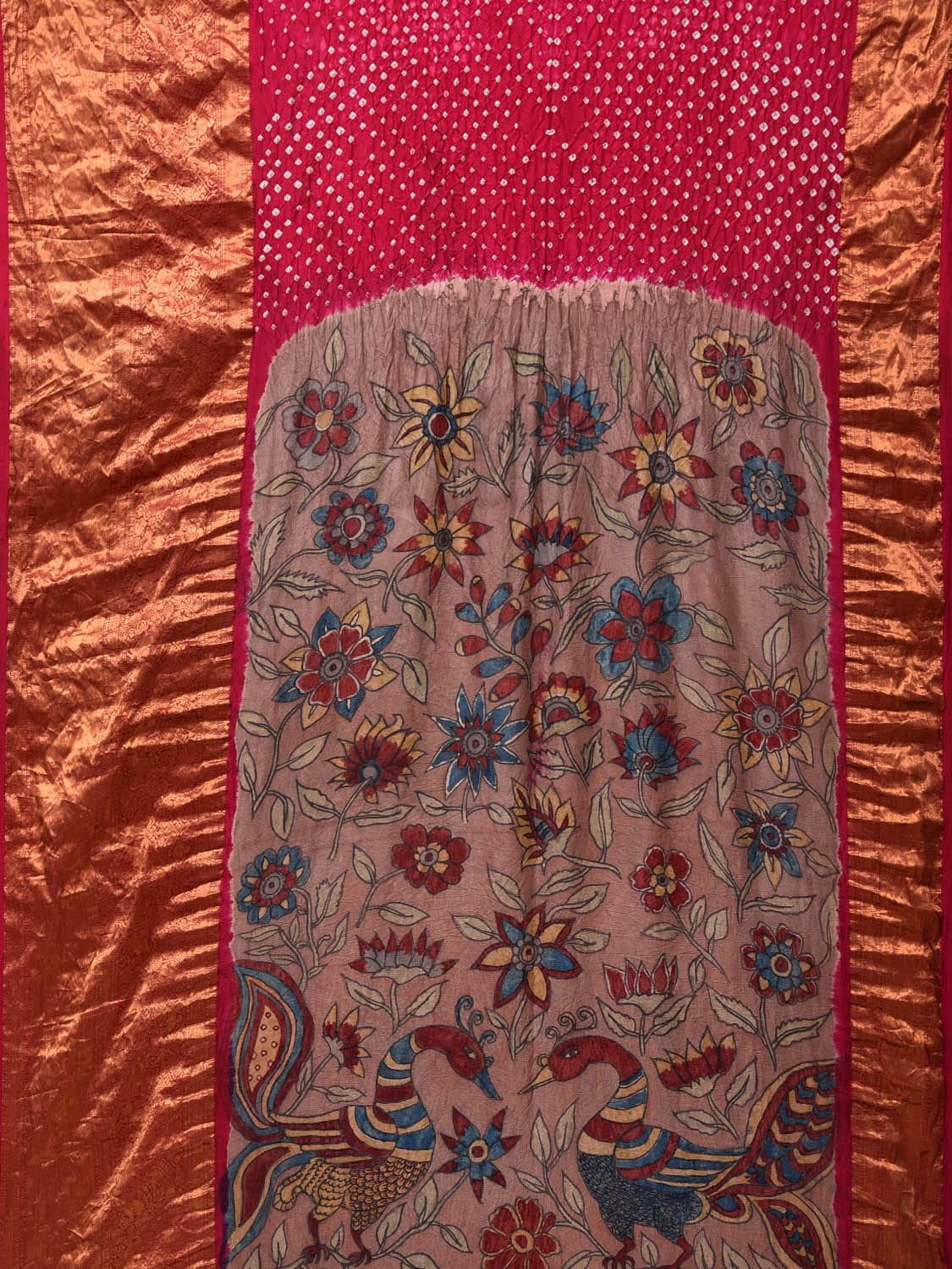 Pink Bandhani Kanchipuram Silk Handloom Saree with Kalamkari Pallu and Blouse Design bn0466