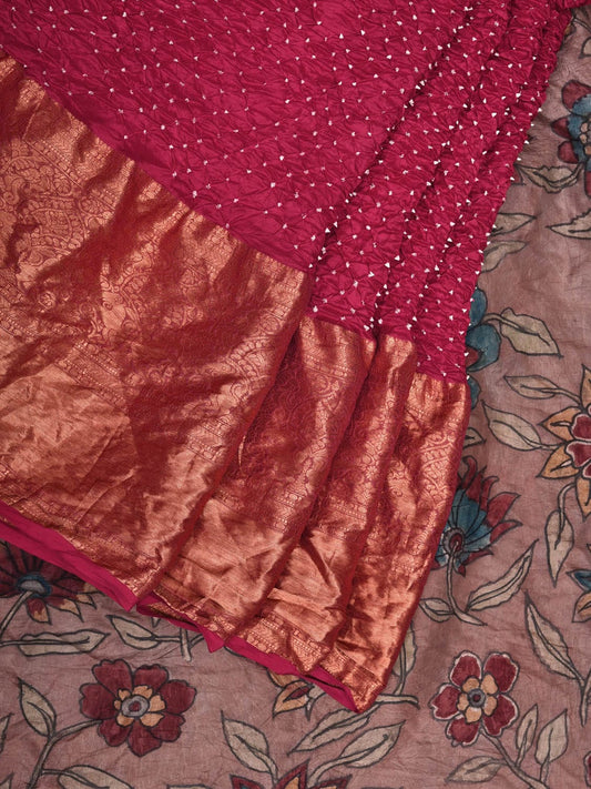Pink Bandhani Kanchipuram Silk Handloom Saree with Kalamkari Pallu and Blouse Design bn0466