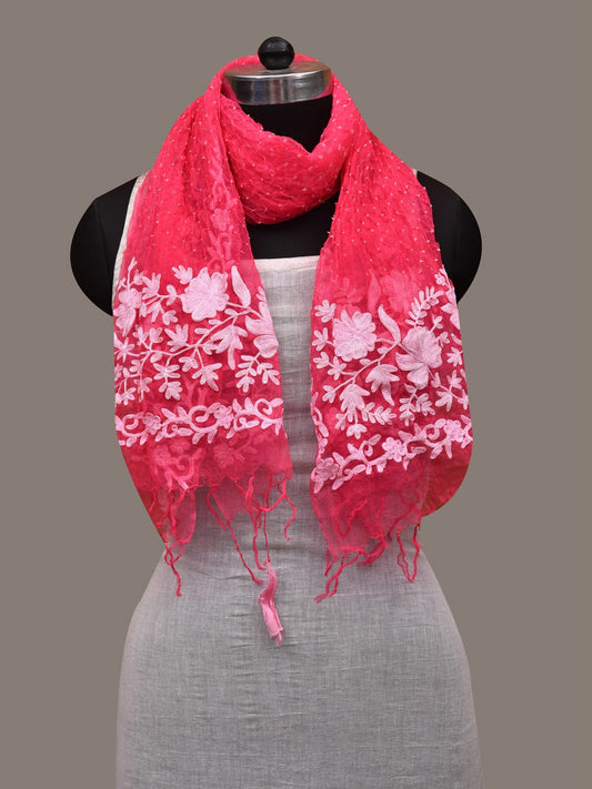 Pink Bandhani Organza Handloom Stole with Emdroidary Design ds2915