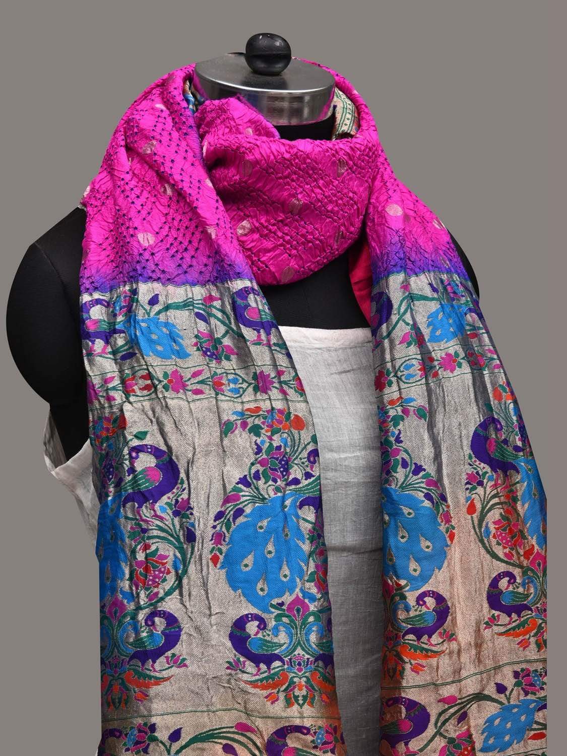 Pink Bandhani Paithani Silk Handloom Dupatta with Peacock Border Design ds2574