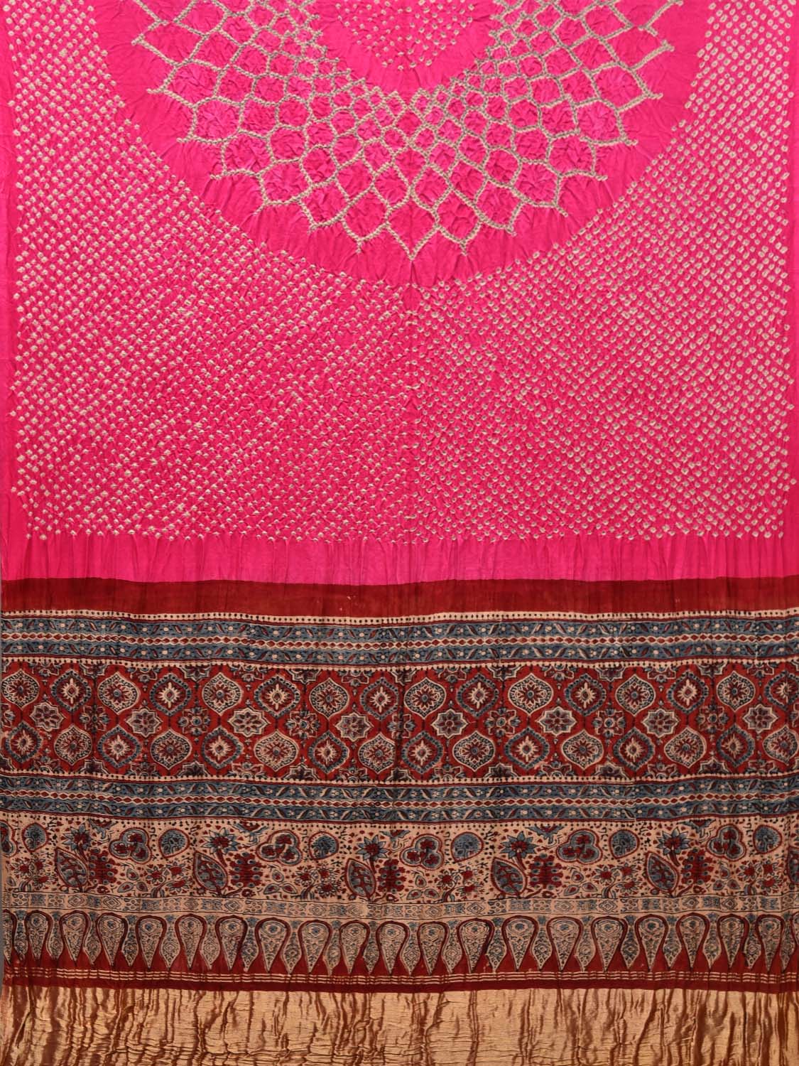 Pink Bandhani Silk Handloom Saree with Kalamkari Print Design bn0161
