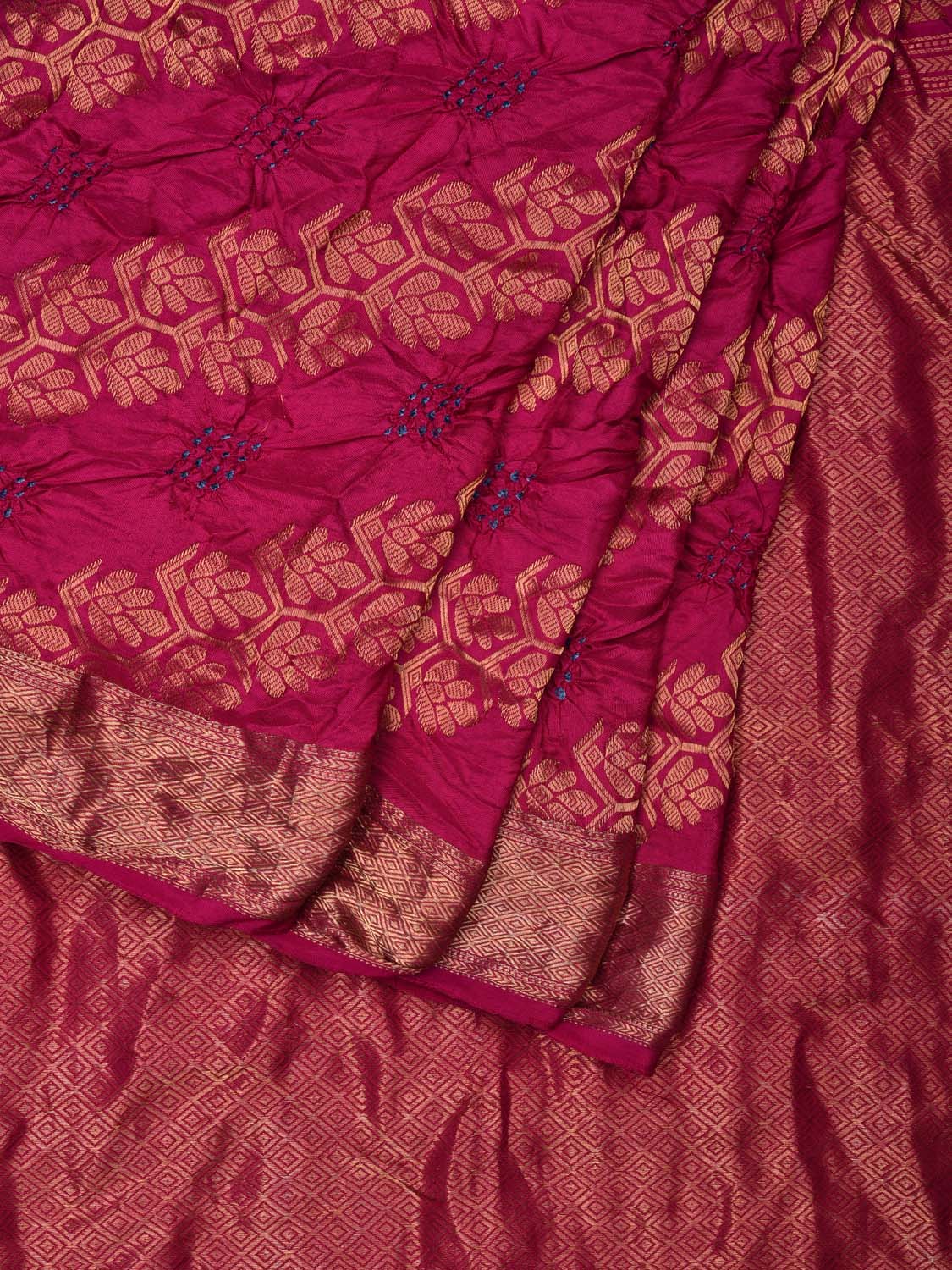 Pink Bandhani Uppada Silk Handloom Saree with Diagonal and Corner Mango Design bn0266