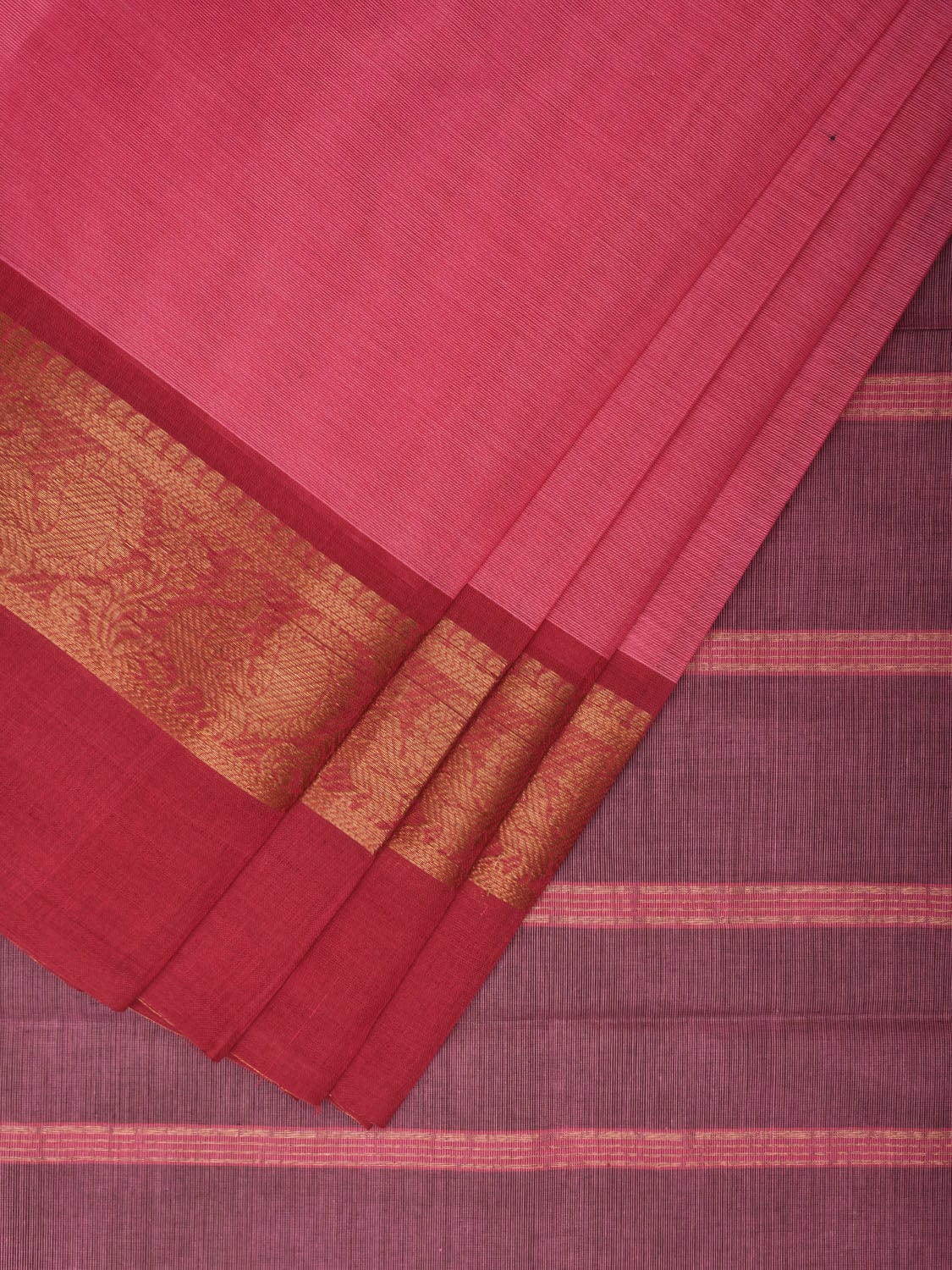 Pink Kanchipuram Cotton Plain Saree with Ganga-Jamuna Border Design k0615