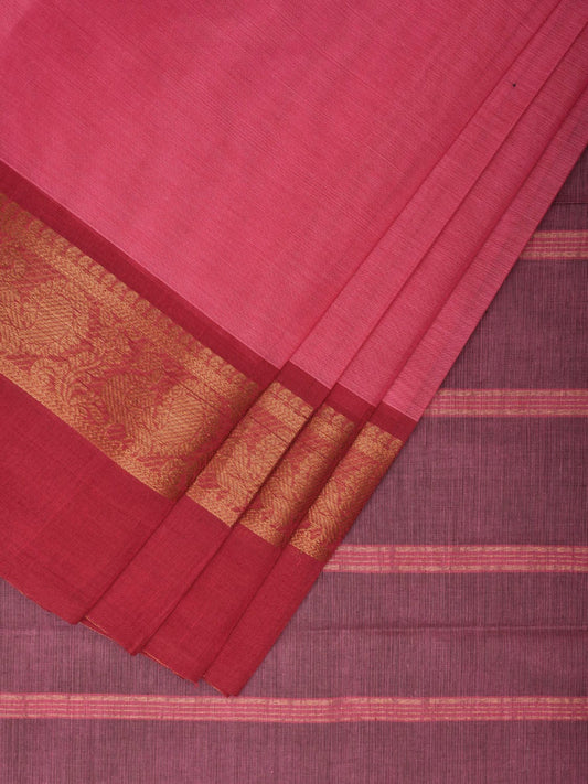 Pink Kanchipuram Cotton Plain Saree with Ganga-Jamuna Border Design k0615