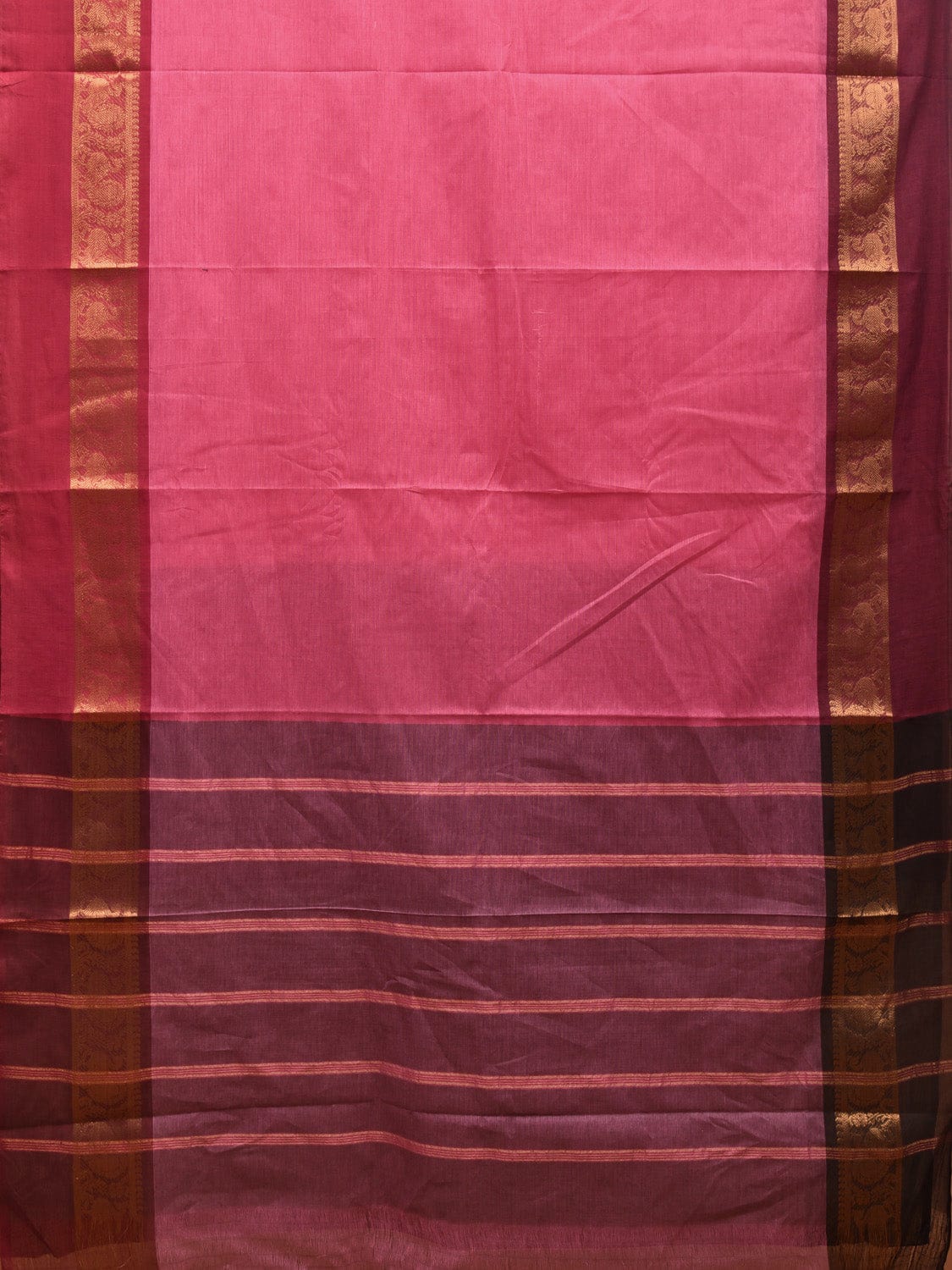 Pink Kanchipuram Cotton Plain Saree with Ganga-Jamuna Border Design k0615