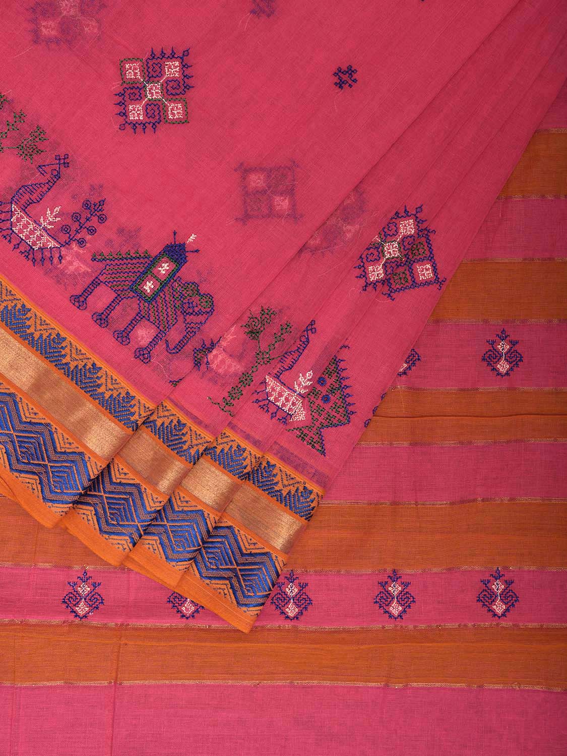 Pink Kanchipuram Cotton Saree with Kasuti Work and Strips Pallu Design No Blouse o0670