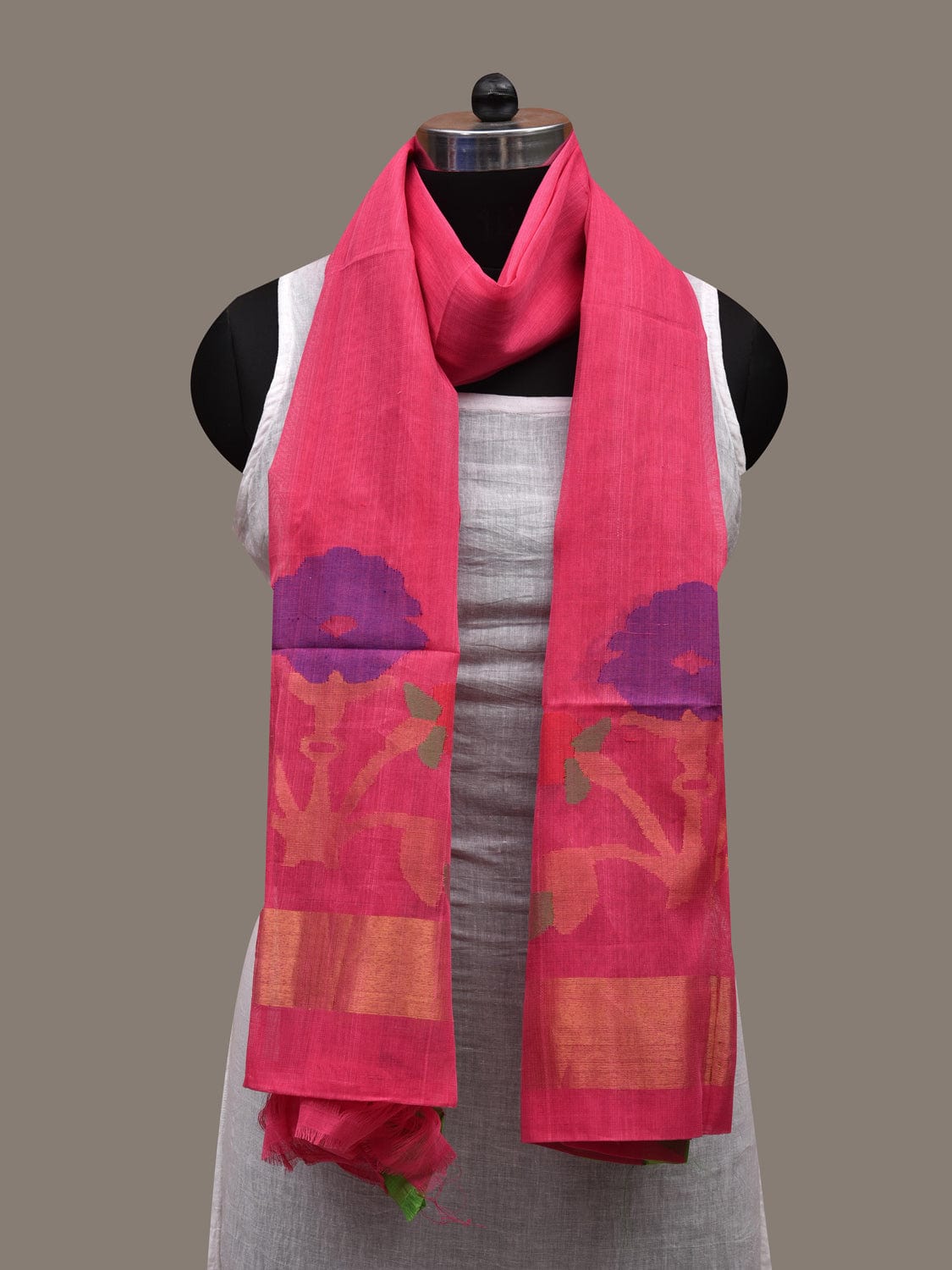 Pink Khadi Cotton Handloom Dupatta with Flower Design ds2653