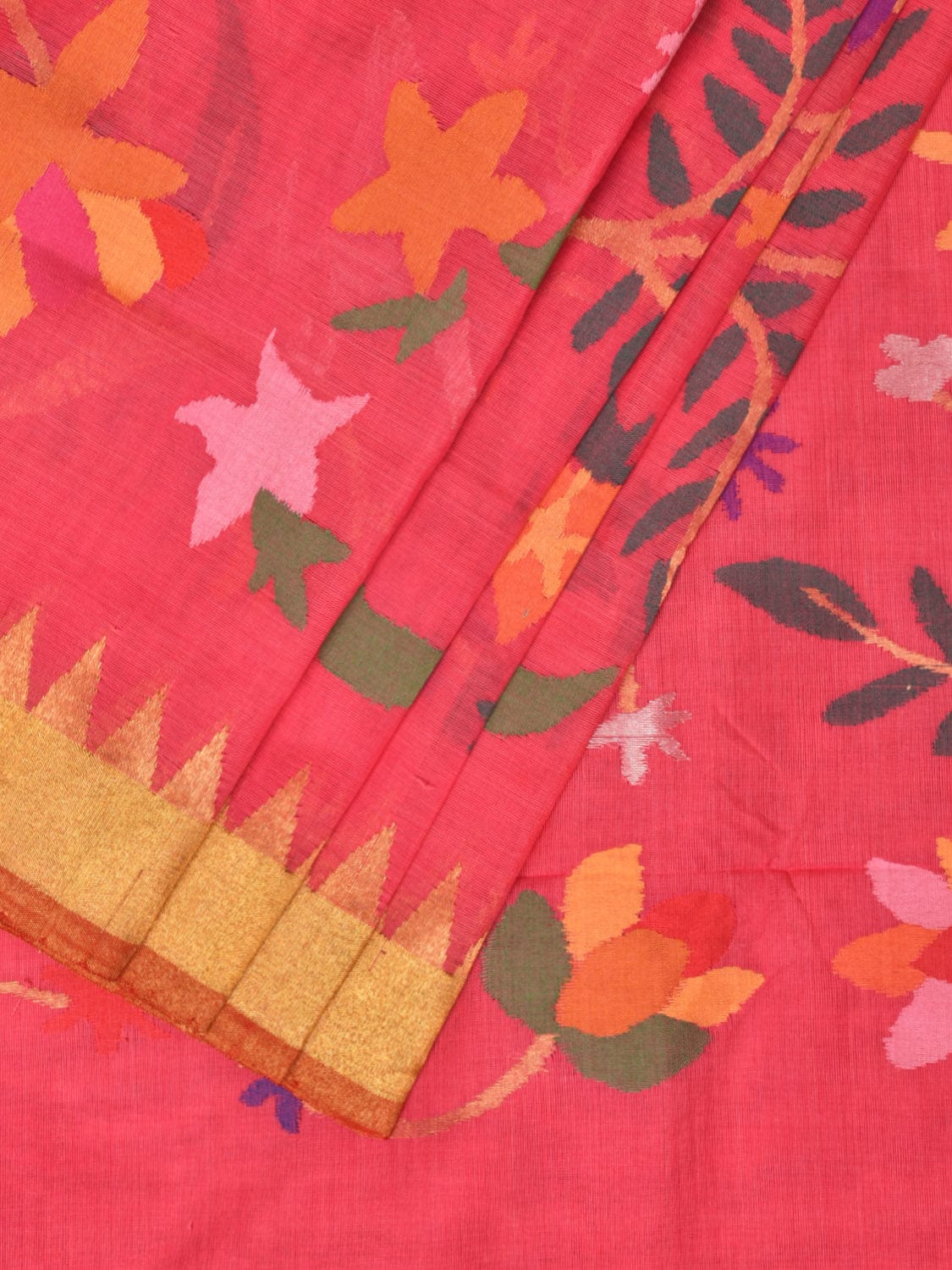 Pink Khadi Cotton Handloom Saree with All Over Floral and Birds Design kh0631
