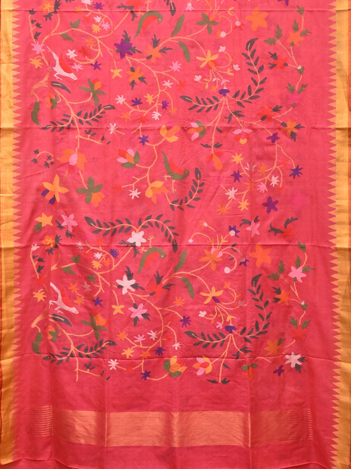 Pink Khadi Cotton Handloom Saree with All Over Floral and Birds Design kh0631