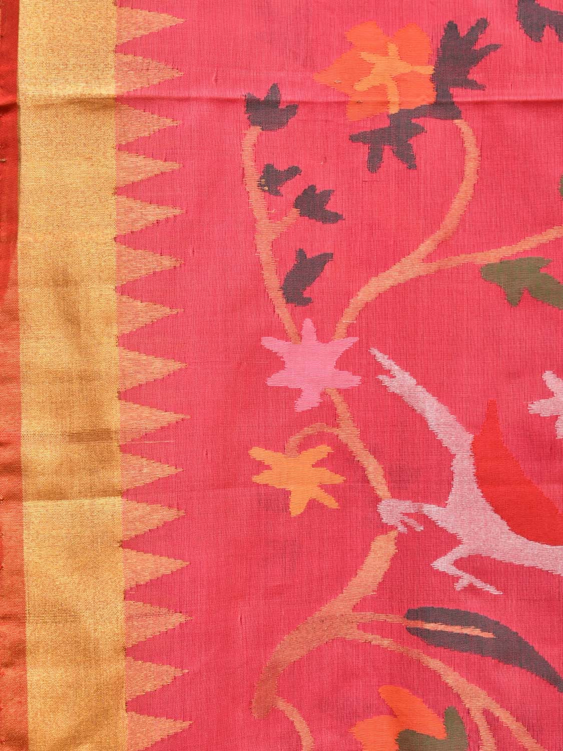 Pink Khadi Cotton Handloom Saree with All Over Floral and Birds Design kh0631