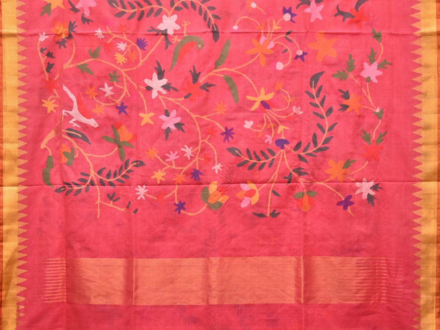 Pink Khadi Cotton Handloom Saree with All Over Floral and Birds Design kh0631