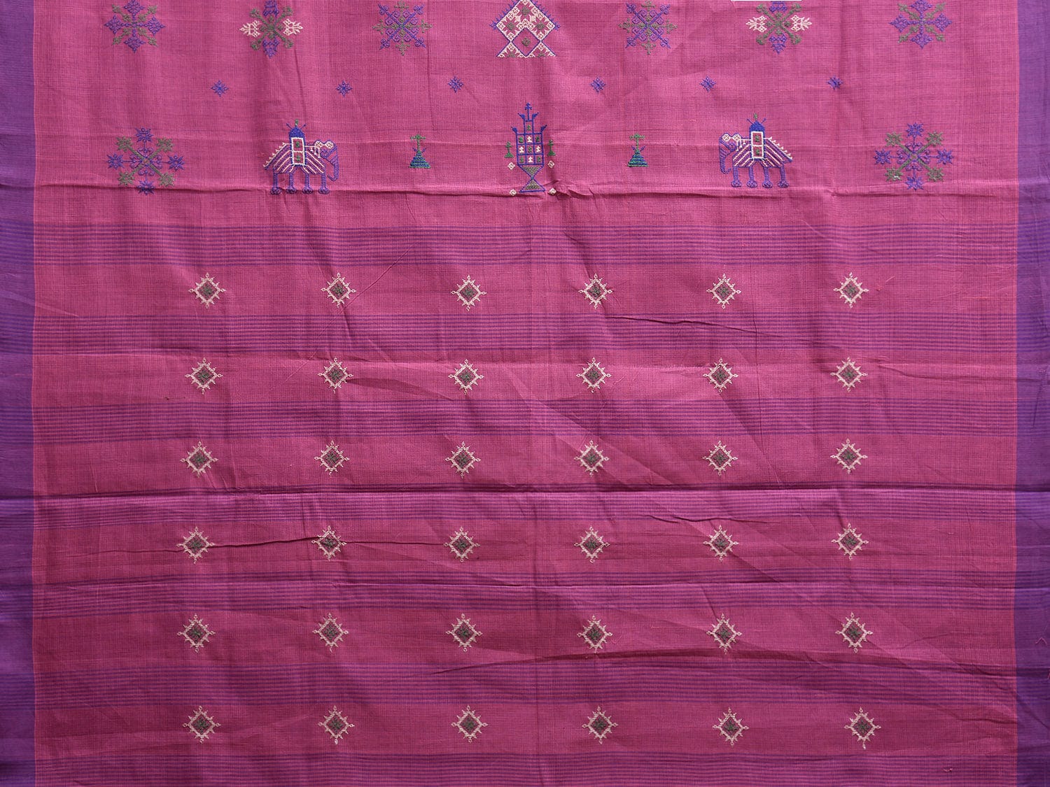 Pink Mangalgiri Cotton Handloom Saree with Kasuti Work and Checks Design o0651