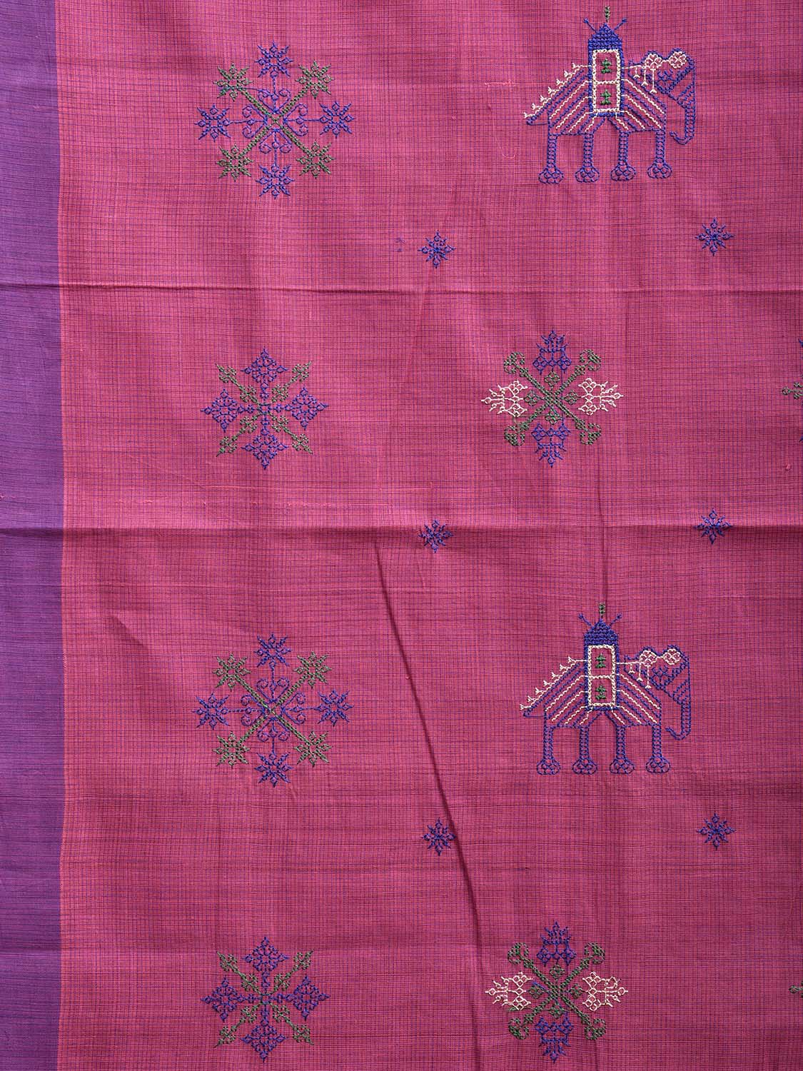 Pink Mangalgiri Cotton Handloom Saree with Kasuti Work and Checks Design o0651