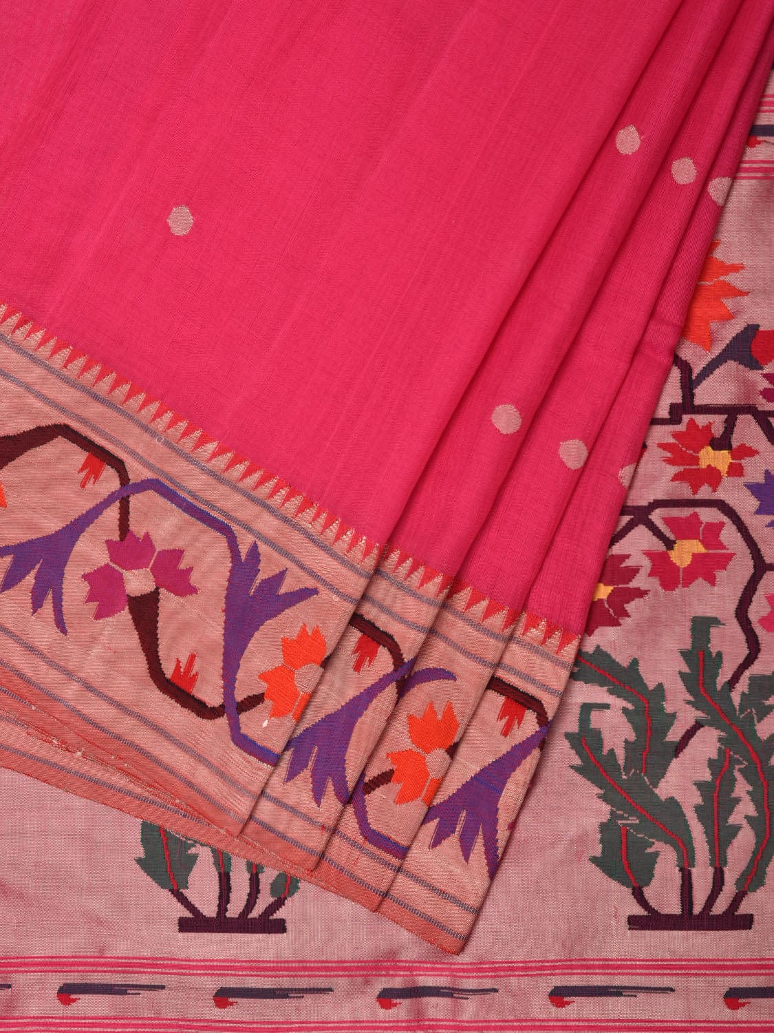 Pink Paithani Cotton Handloom Saree with Aashavali Border Design p0492