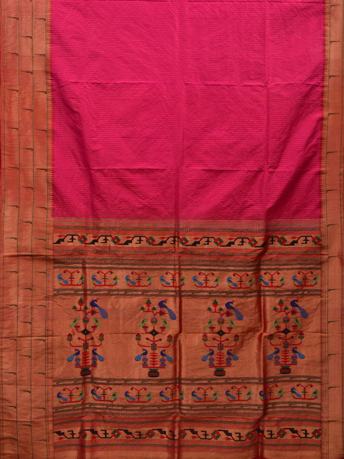 Pink Paithani Silk Handloom Saree with Strips and Triple Muniya Border Design p0447