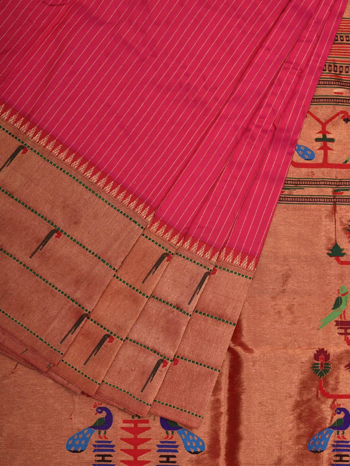 Pink Paithani Silk Handloom Saree with Strips and Triple Muniya Border Design p0447
