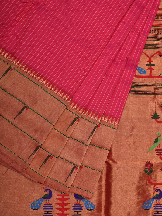 Pink Paithani Silk Handloom Saree with Strips and Triple Muniya Border Design p0447