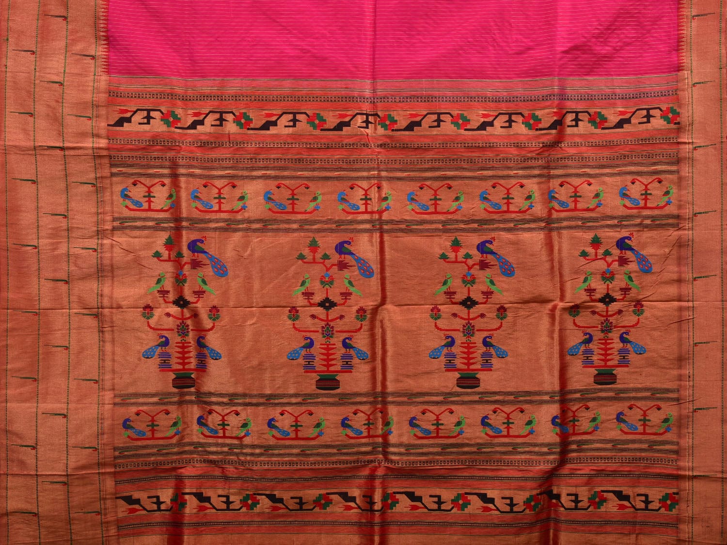 Pink Paithani Silk Handloom Saree with Strips and Triple Muniya Border Design p0447