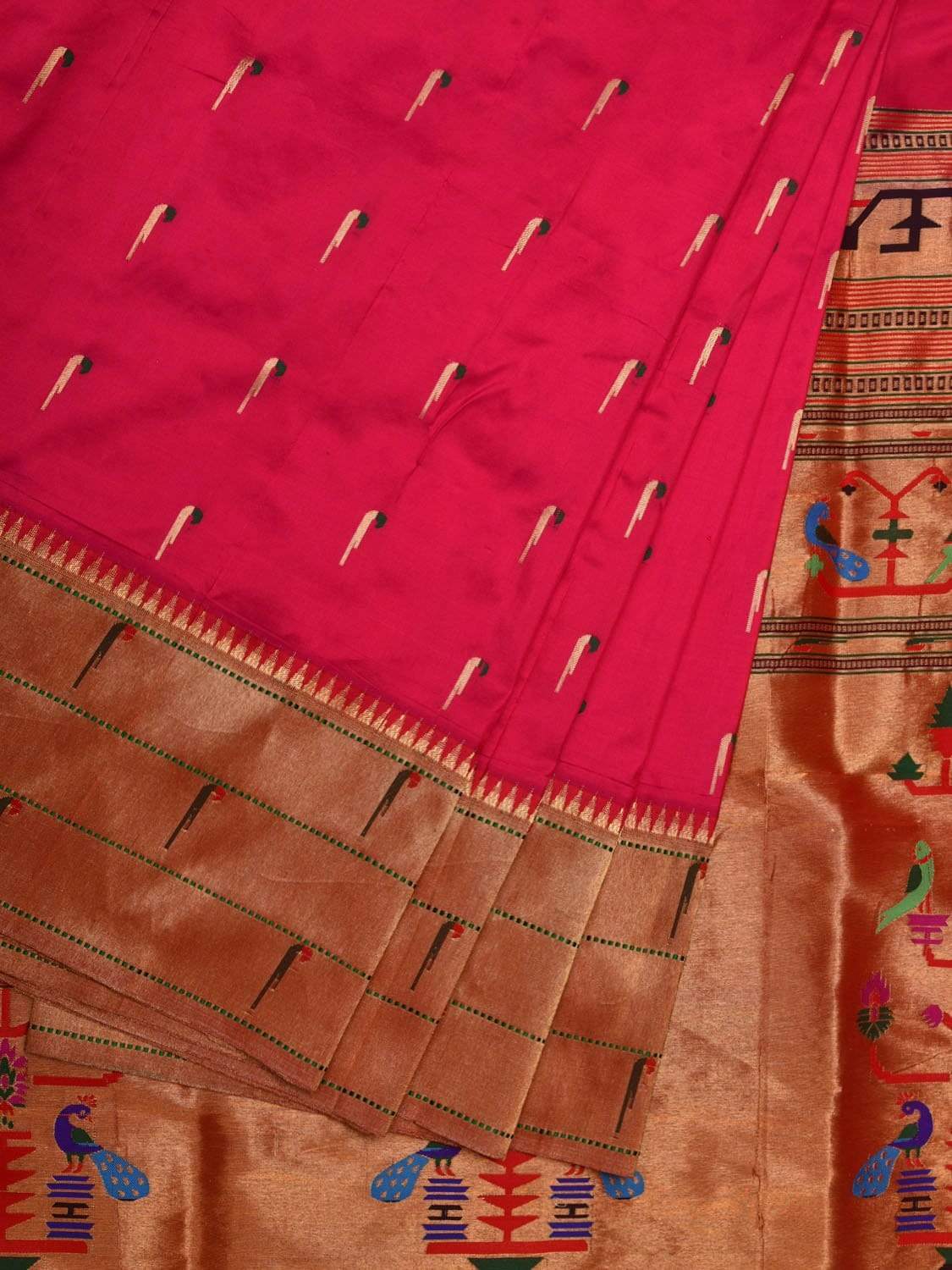 Pink Paithani Silk Handloom Saree with Triple Muniya Border Design p0381