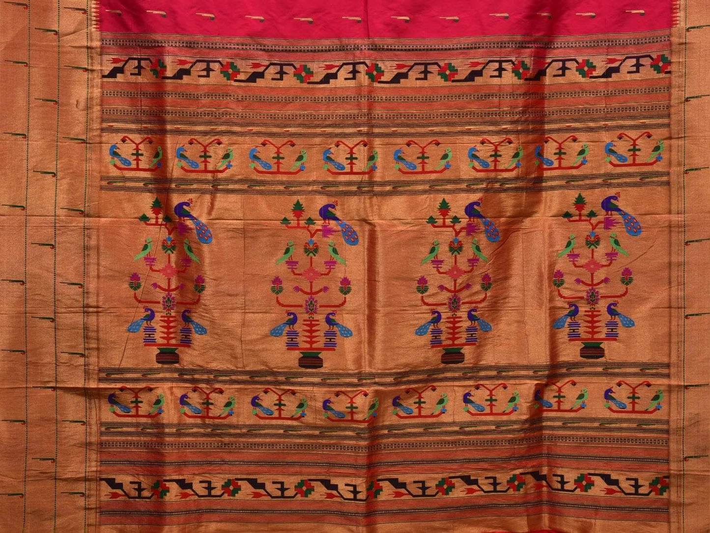 Pink Paithani Silk Handloom Saree with Triple Muniya Border Design p0381