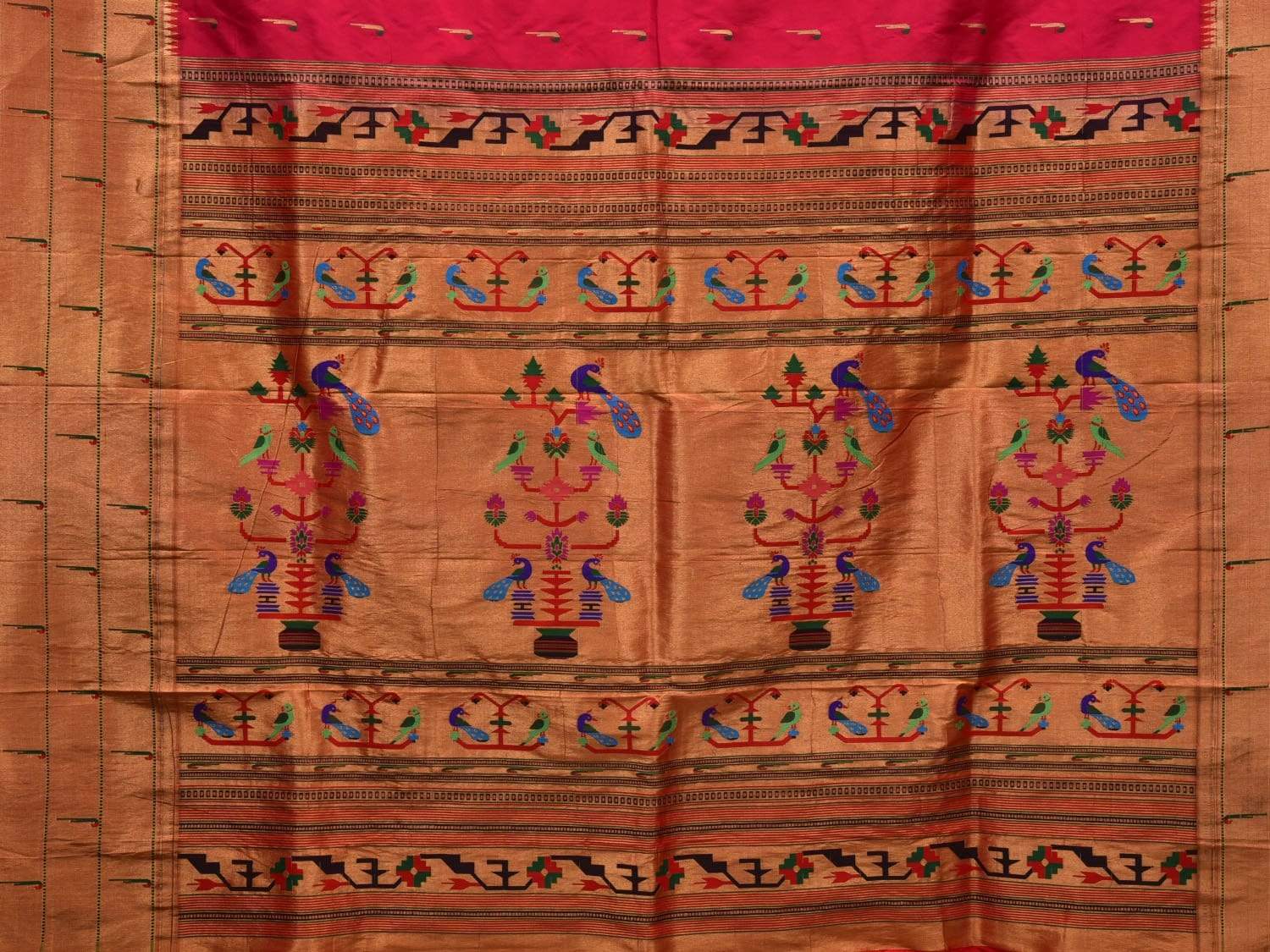 Pink Paithani Silk Handloom Saree with Triple Muniya Border Design p0381