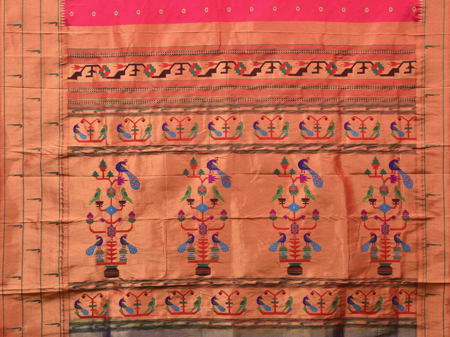 Pink Paithani Silk Handloom Saree with Triple Muniya Border Design p0491