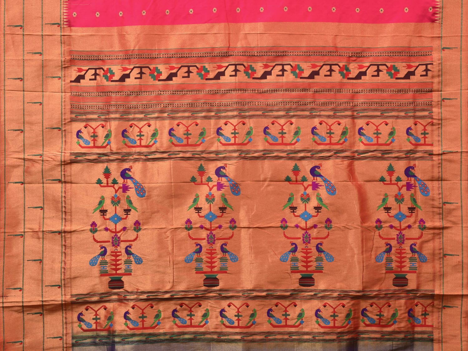 Pink Paithani Silk Handloom Saree with Triple Muniya Border Design p0491