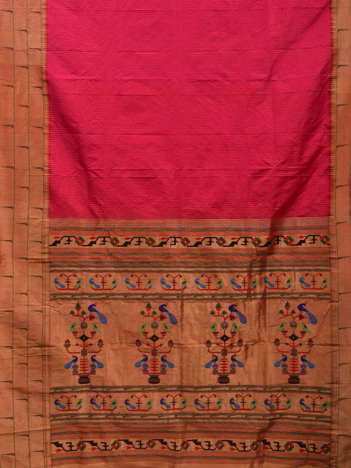 Pink Paithani Silk Saree with Strips and Triple Muniya Border Design p0390