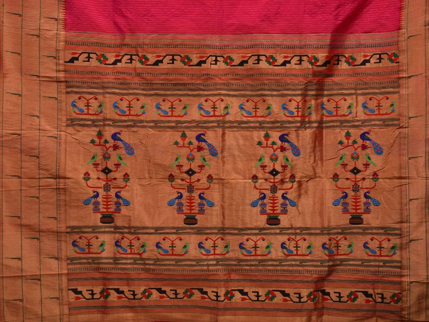 Pink Paithani Silk Saree with Strips and Triple Muniya Border Design p0390