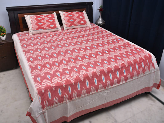 Pink Pochampally Ikat Cotton Handloom Bedsheet with Allover Design 90 x 108 Inches bd0050