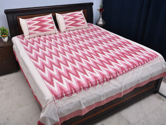 Pink Pochampally Ikat Cotton Handloom Bedsheet with Zig-Zag Design 90 x 108 Inches bd0044
