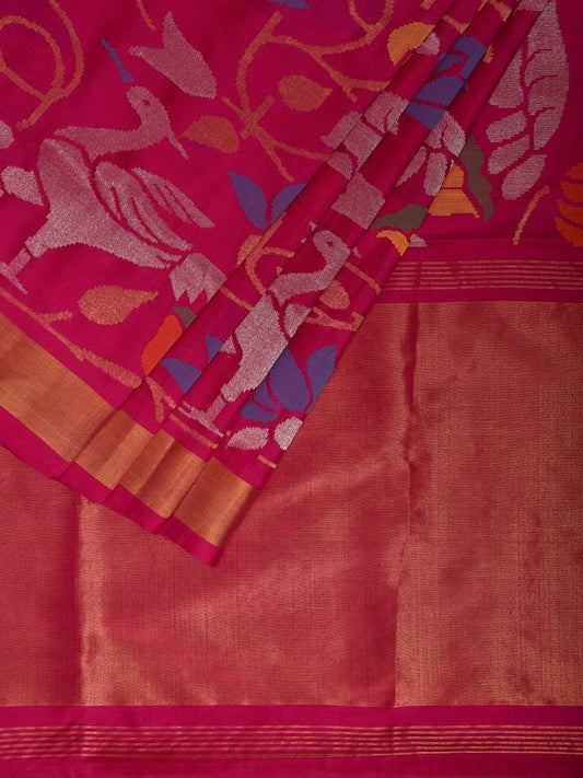Pink Uppada Silk Handloom Saree with All Over Lotus and Birds Design u2343