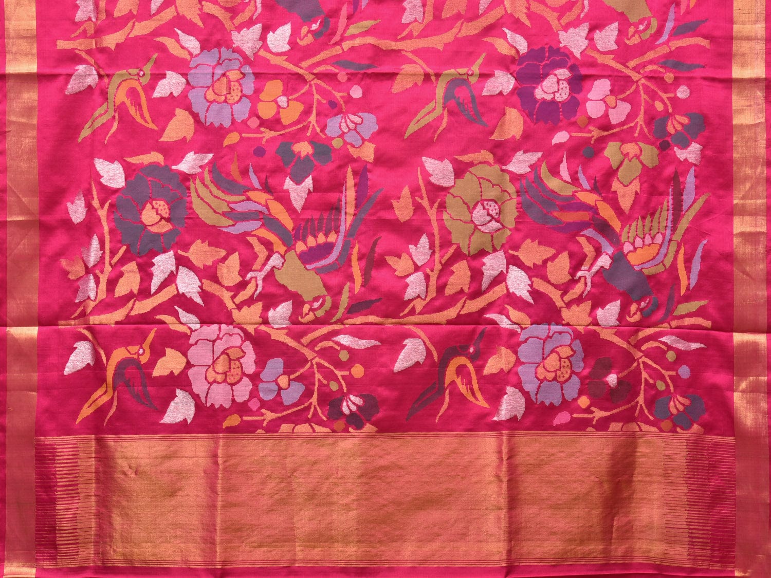 Pink Uppada Silk Handloom Saree with All Over Parrot and Floral Design u2167