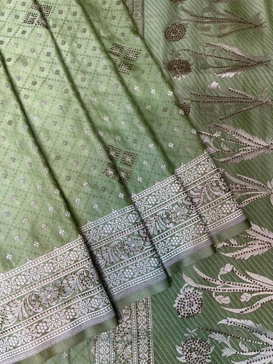 Pista Banaras Katan Silk Saree with Allover Body Butti and Stone Work Design b0392ds