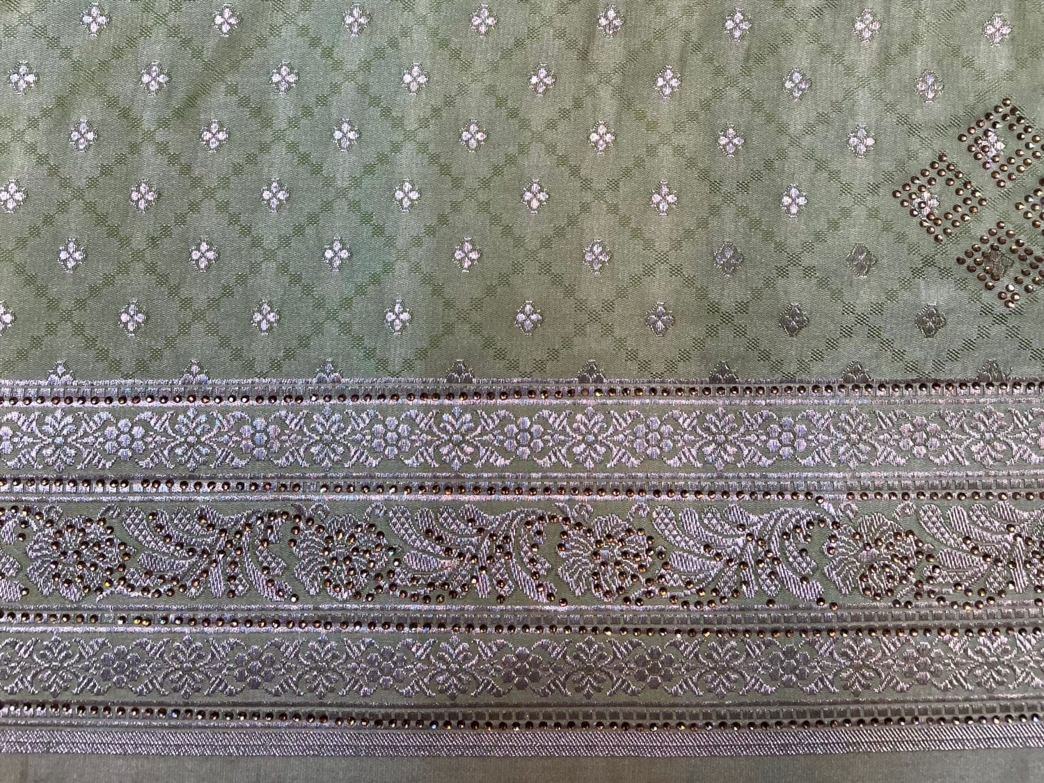 Pista Banaras Katan Silk Saree with Allover Body Butti and Stone Work Design b0392ds