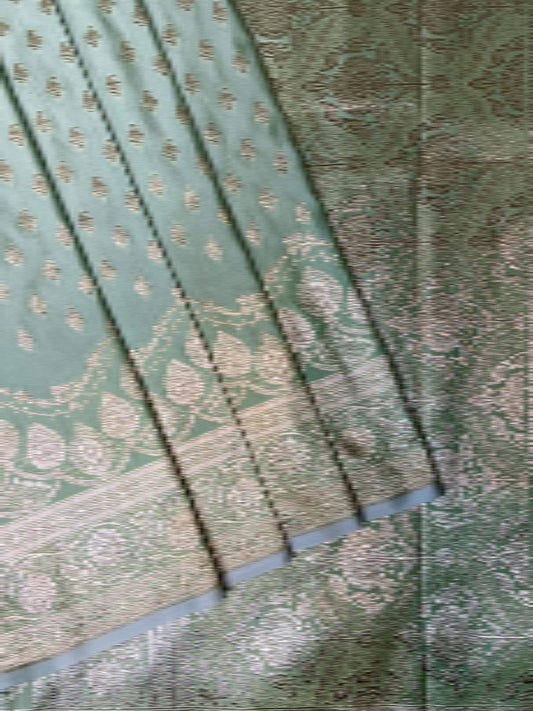 Pista Banaras Katan Silk Saree with Body Butti and Border Design b0401ds