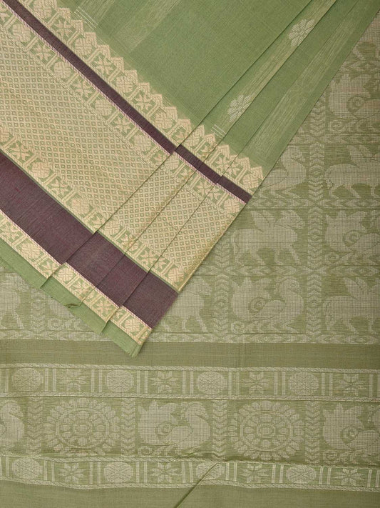 Pista Green Kanchipuram Cotton Saree with Border and Pallu Design No Blouse k0715