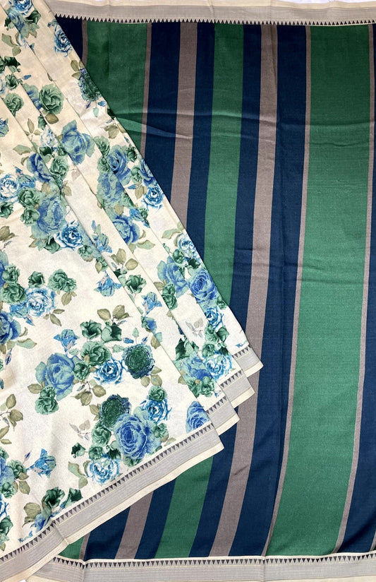 White Viscose Silk Saree with Temple Border and Floral Digital Print Design pr0003us