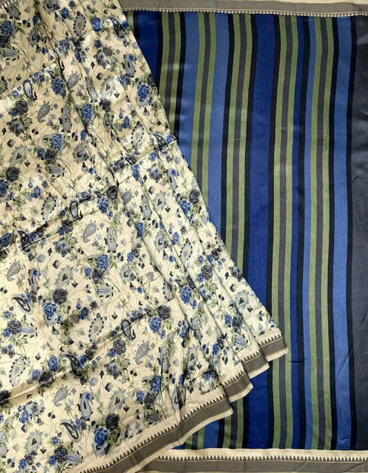 Cream Viscose Silk Saree with Temple Border and Floral Digital Print Design pr0004us