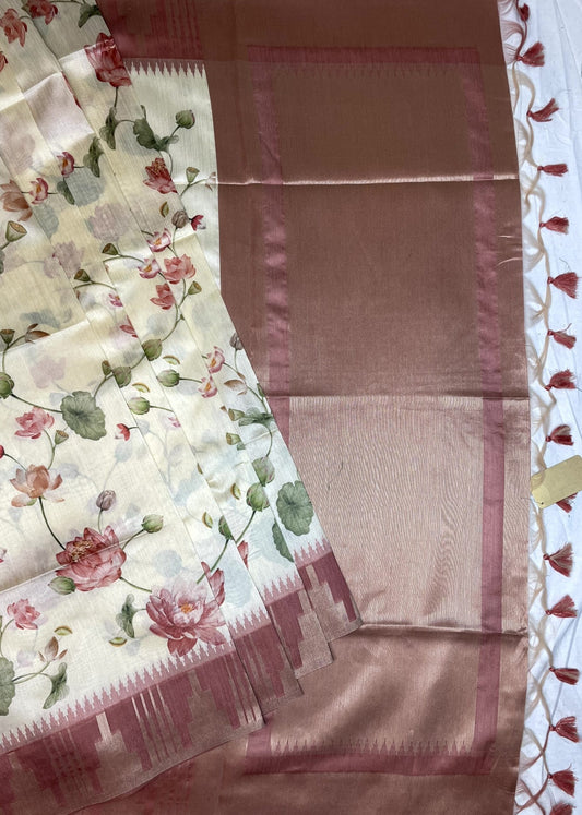 Cream Viscose Silk Saree with Zari Temple Border and Floral Digital Print Design pr0005us