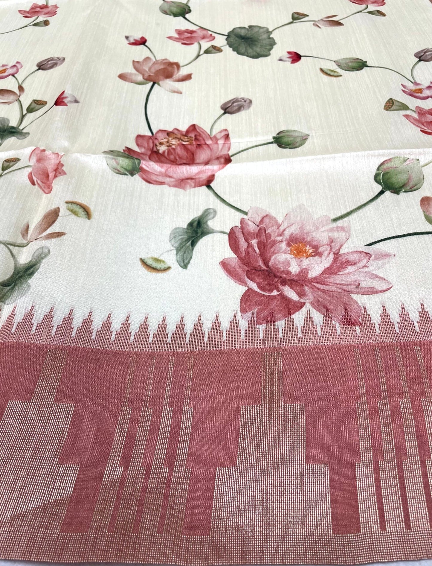 Cream Viscose Silk Saree with Zari Temple Border and Floral Digital Print Design pr0005us