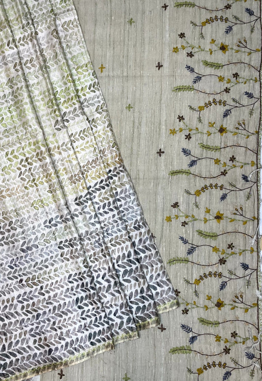 Cream Viscose Silk Saree with Thread Work Pallu and Leaf Floral Digital Print Design pr0006us