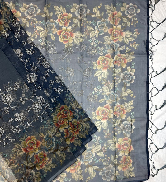 Blue Organza Printed Saree with Floral and Embroidery Design pr0007ap