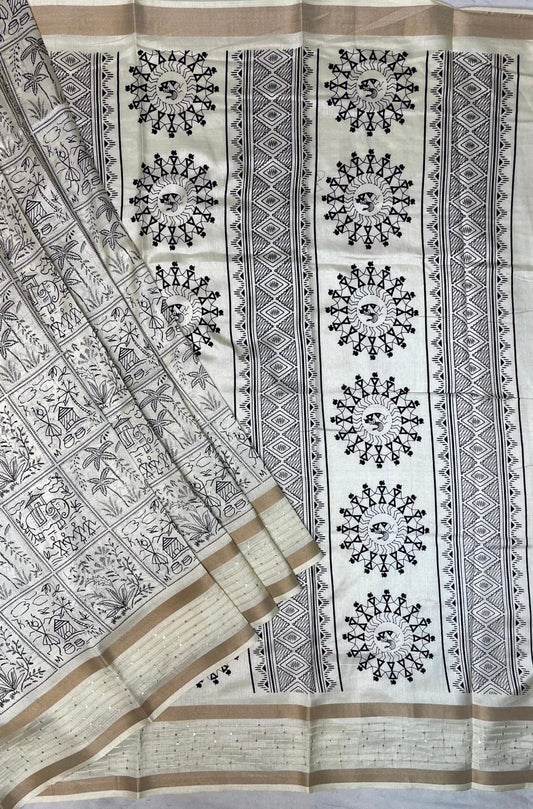 Beige Monochrome Printed Saree with Zari Lines Border and Animal Design pr0014ai