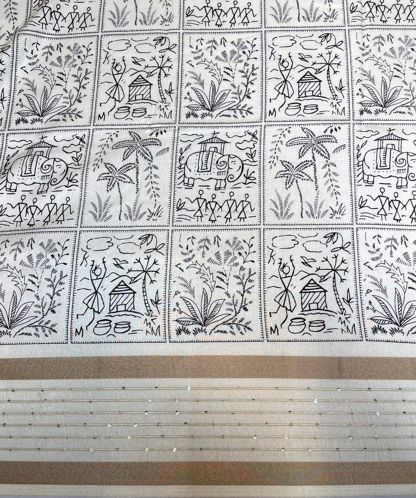 Beige Monochrome Printed Saree with Zari Lines Border and Animal Design pr0014ai