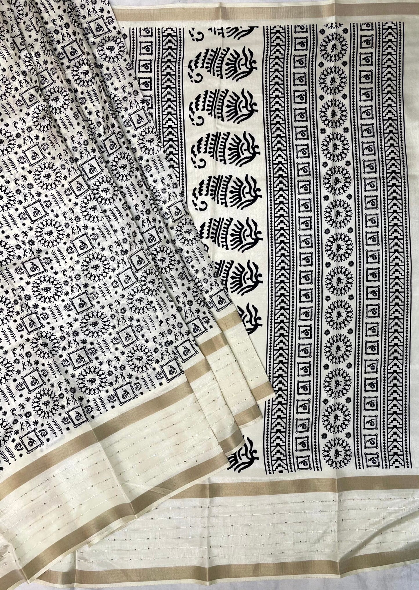 Cream Monochrome Printed Saree with Zari Lines Border and Tribal Design pr0015ai